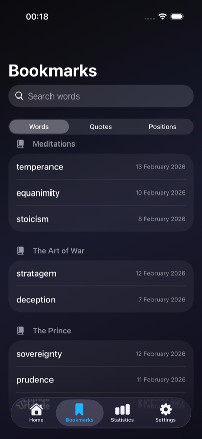 Saved words and bookmarks